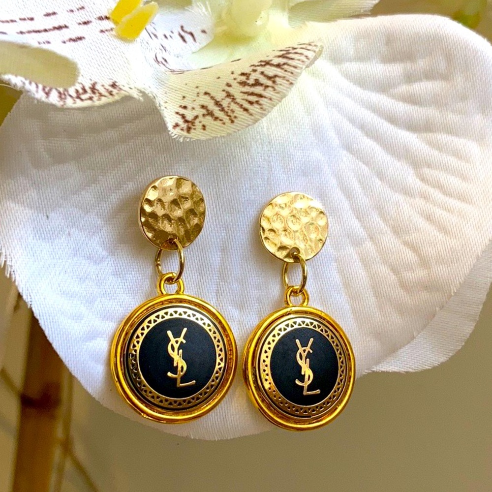 YSL black and gold button dangle earrings